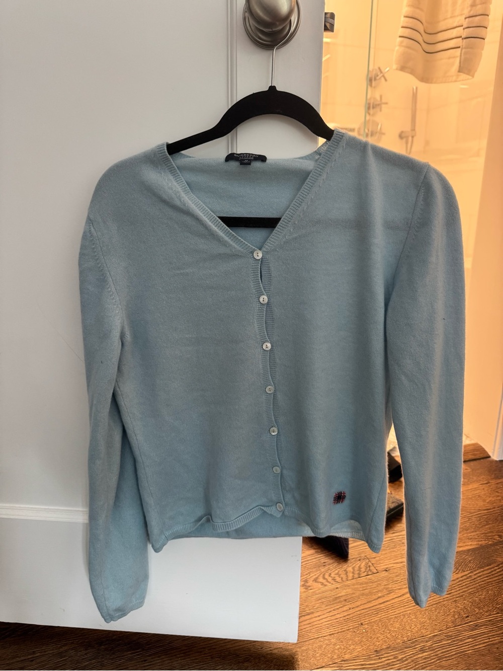 Burberry Pale Blue V-Neck cashmere Button Front Cardigan
